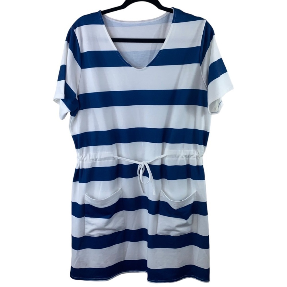 Belinda Cinched Waist with Tie Blue and White Striped Short Sleeve Mini‎ Dress